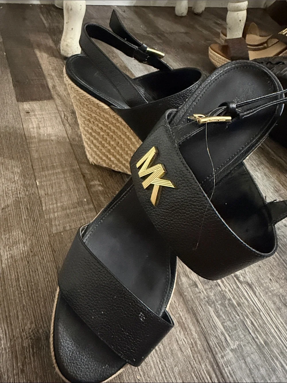 Michael Kors Black and Natural Wedge Sandals with Gold MK Emblem 10 M